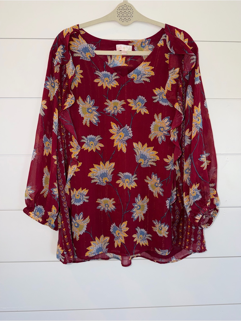 BELLE BY KIM GRAVEL 1X Floral Blouse Chiffon Blouson Sleeve Boho Ruffle Top EUC